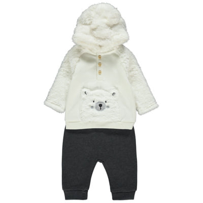 Set bebe Baby George cu hanorac crem teddy cu glugă cu urechiușe și pantaloni închiși la culoare