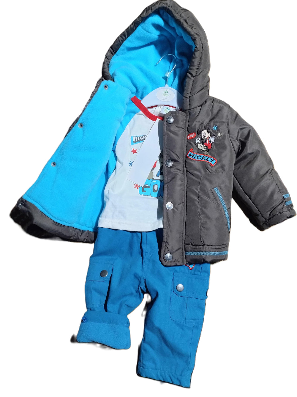 Set bebe Mickey Mouse cu geacă groasă cu glugă și pantaloni, vedere din față