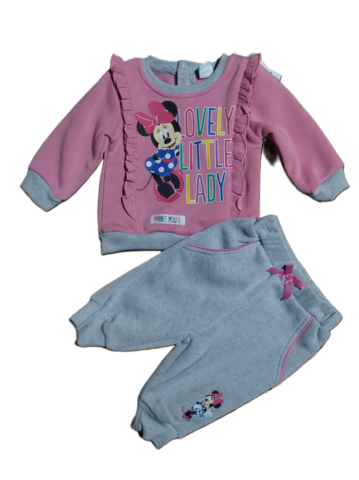 Trening Fetițe Minnie Mouse Lovely Little Lady Roz/Gri - detaliu bluză și pantaloni