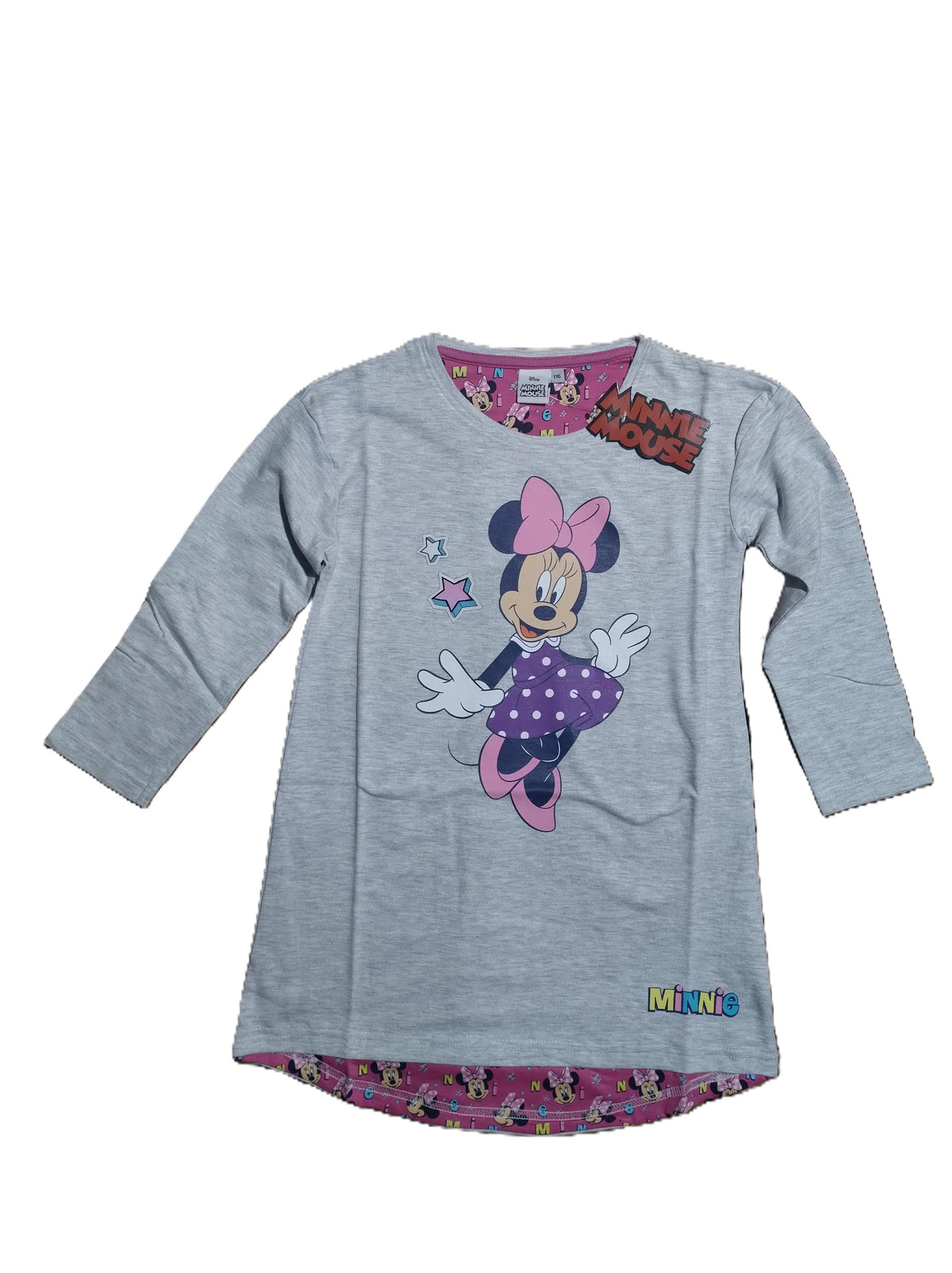 Rochie casual gri Minnie Mouse cu mâneci lungi și tiv rotunjit cu detaliu roz