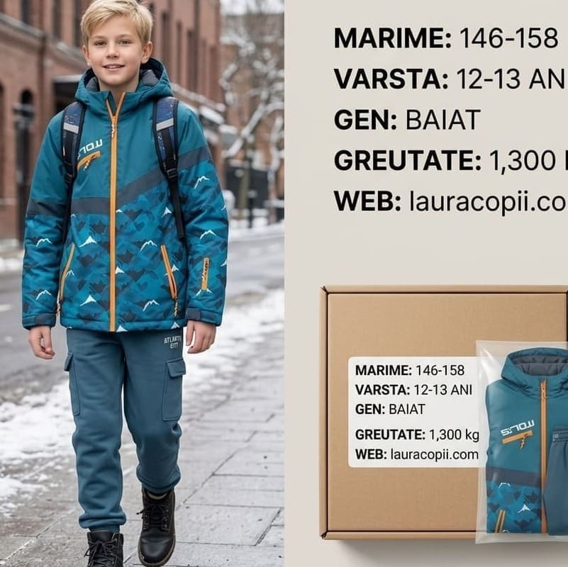 Set iarna baiat geaca Snow Peaks pantaloni cargo 158cm