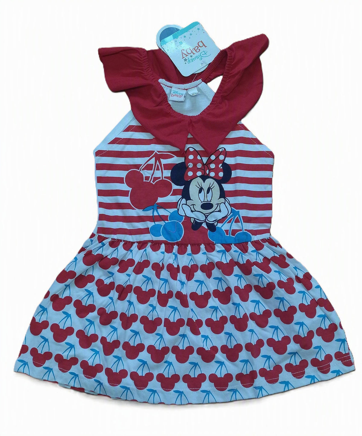 Rochiță bebe Minnie Mouse Baby by Ellepi, model roșu cu dungi și cireșe