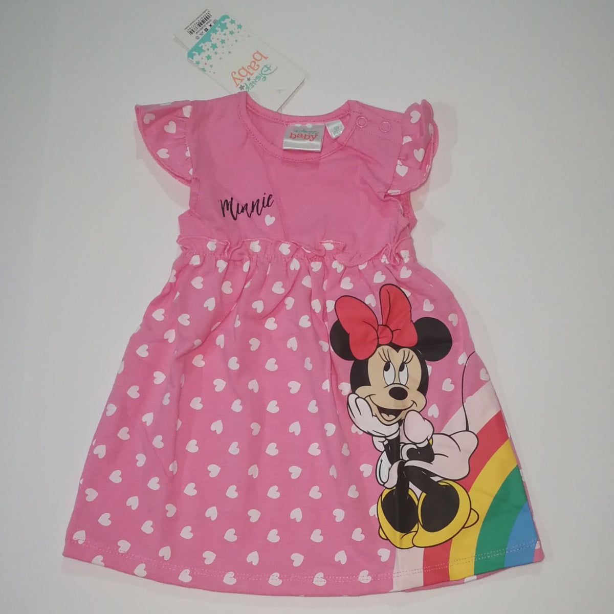 Rochiță roz Disney Baby Minnie Mouse cu inimioare albe și curcubeu, 6 luni