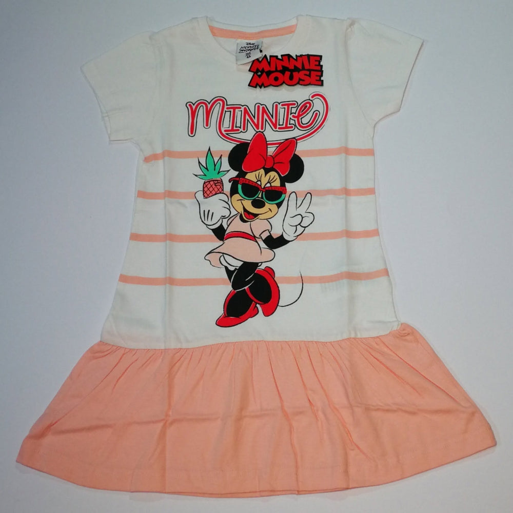 Rochie Minnie Mouse cu partea de sus albă, dungi roz și fustă roz, 7 ani
