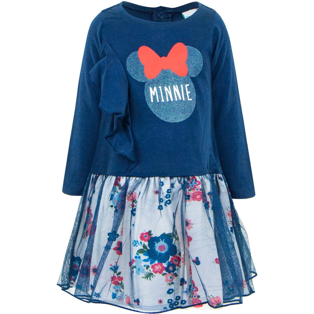 Rochie Disney Baby Minnie Mouse bleumarin, cu mâneci lungi și fustă florală cu tul, vedere din față