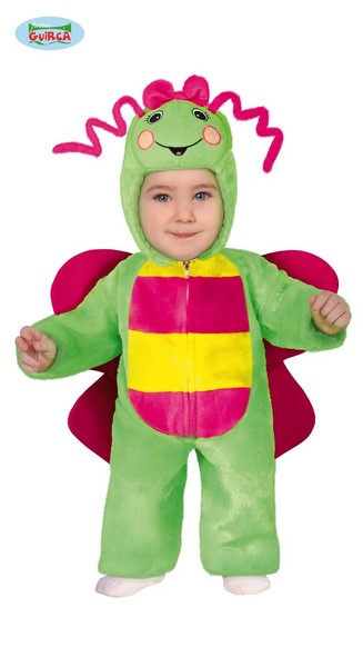 Costum de fluture Fiestas Guirca, verde cu aripi roz și glugă cu antene, 12–18 luni