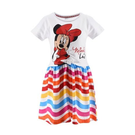 Rochie Minnie Mouse albă cu fustă în dungi multicolore, vedere din față