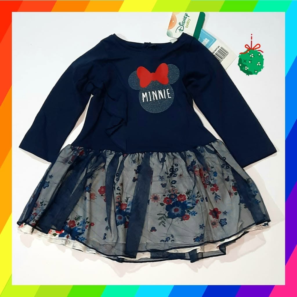 Rochie Disney Baby Minnie Mouse cu fundiță roșie și fustă florală acoperită cu tul