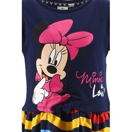 Detaliu imprimeu Minnie Mouse pe rochia bleumarin