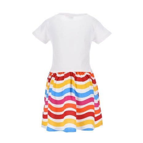 Rochie Minnie Mouse albă cu fustă multicoloră, prezentată pe model