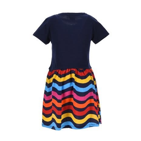 Rochie Minnie Mouse bleumarin cu fustă multicoloră, vedere din spate