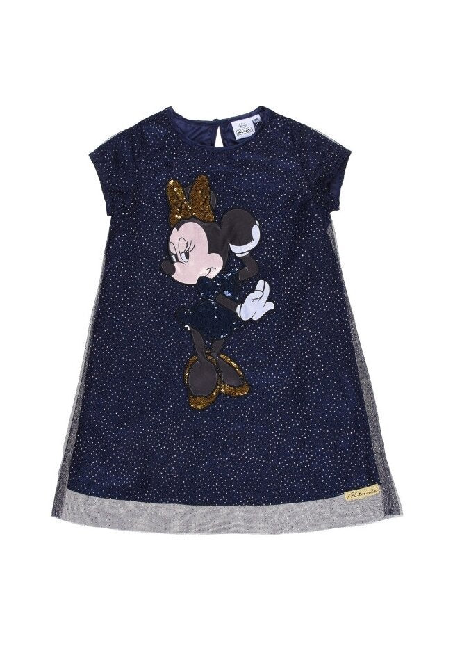 Rochie Minnie Mouse bleumarin pentru ocazii, cu mâneci scurte și tul strălucitor