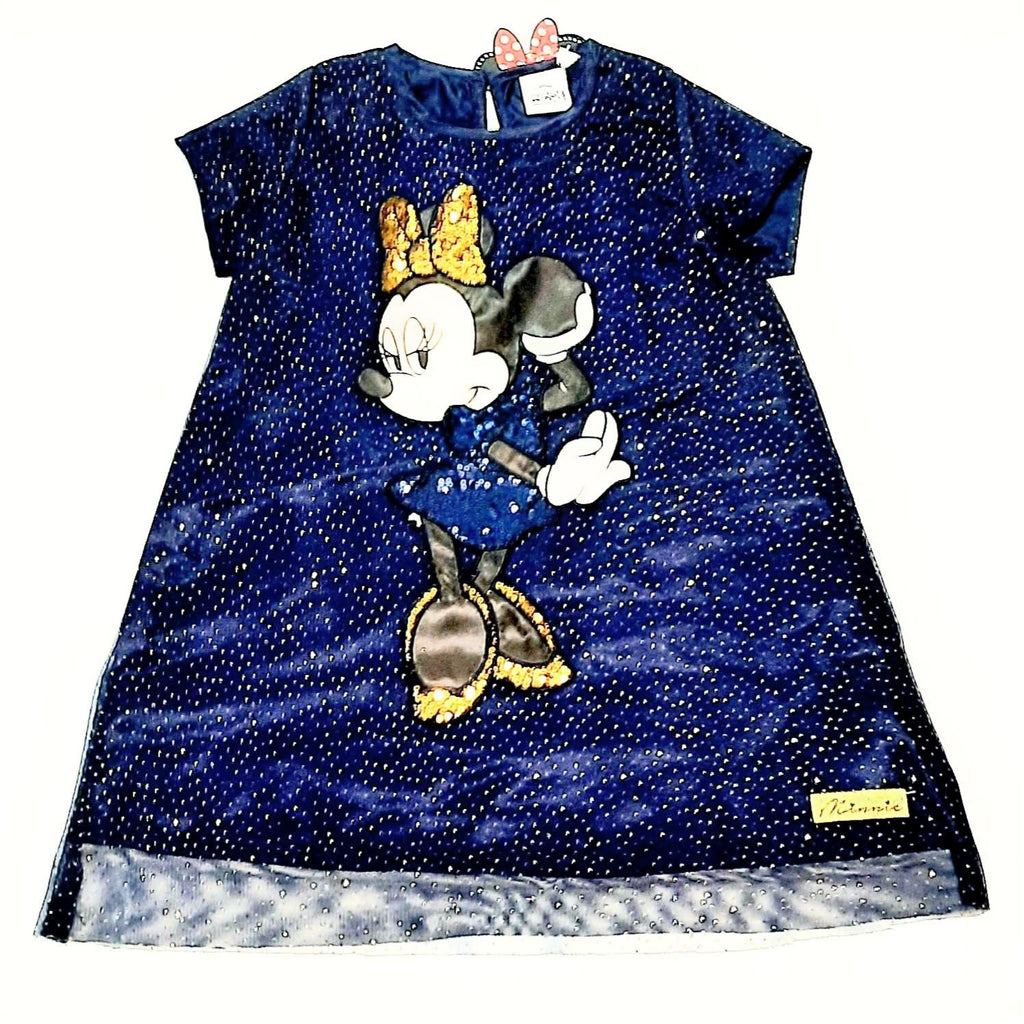 Rochie elegantă Minnie Mouse bleumarin, cu tul cu sclipici și broderie, vedere din față