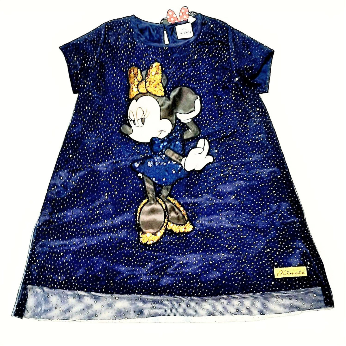 Rochie elegantă Minnie Mouse bleumarin, cu tul cu sclipici și broderie, vedere din față